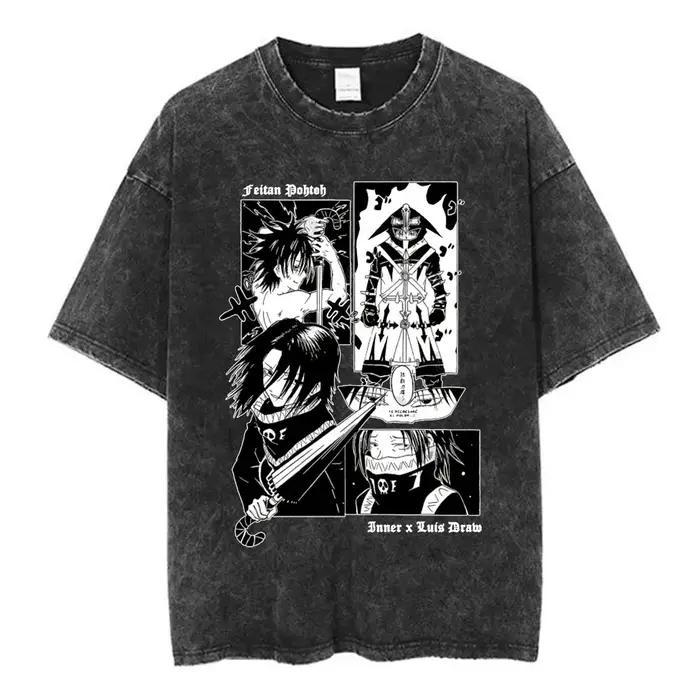 Anime Hunter X Hunter Logo Vintage lavé T-shirt Killua Gon fleur de cerisier graphique T-shirt hommes mode décontracté surdimensionné T-shirt