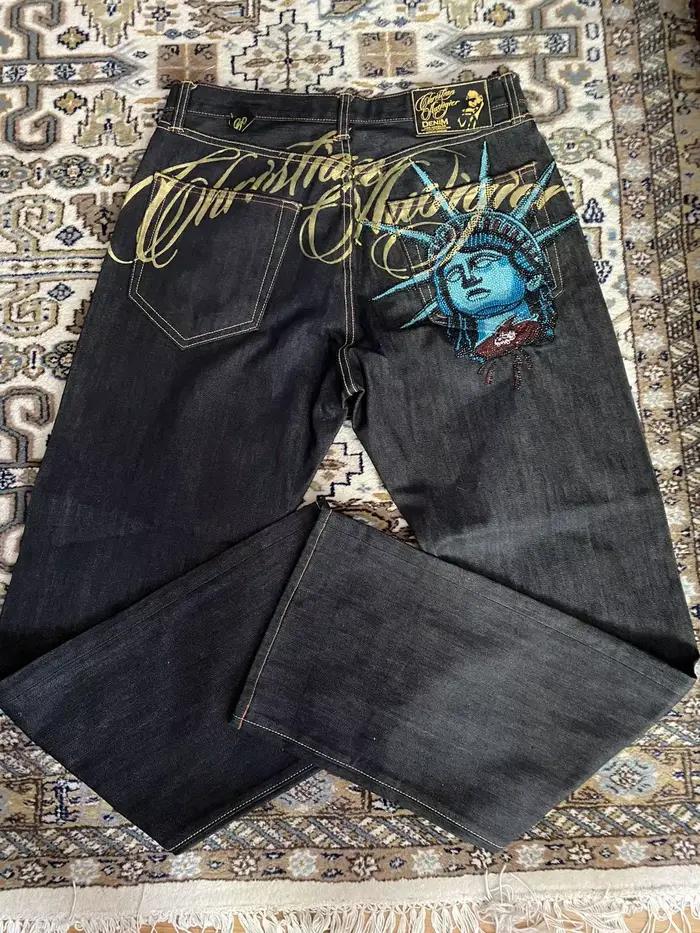 Jeans Harajuku Y2K en denim avec décoration de la Statue de la Liberté pour femmes, style américain, jambes larges, coupe droite, disponible en plusieurs tailles et couleurs, parfait pour les occasions spéciales et tous les jours
