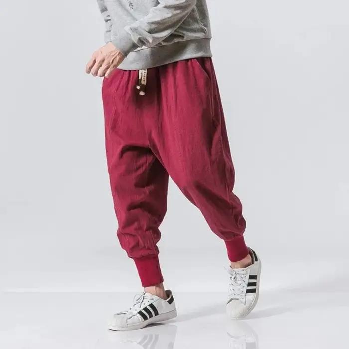 Coton lin sarouel hommes Streetwear Joggers nouveau Baggy goutte-entrejambe pantalon pantalon décont