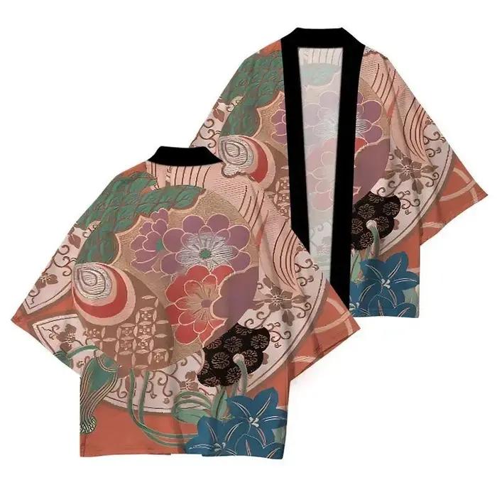 Kimono Japonais Décontracté Imprimé Fleuri Haute Qualité Polyesters Pour Hommes Femmes Occasions Spéciales Plage Détente