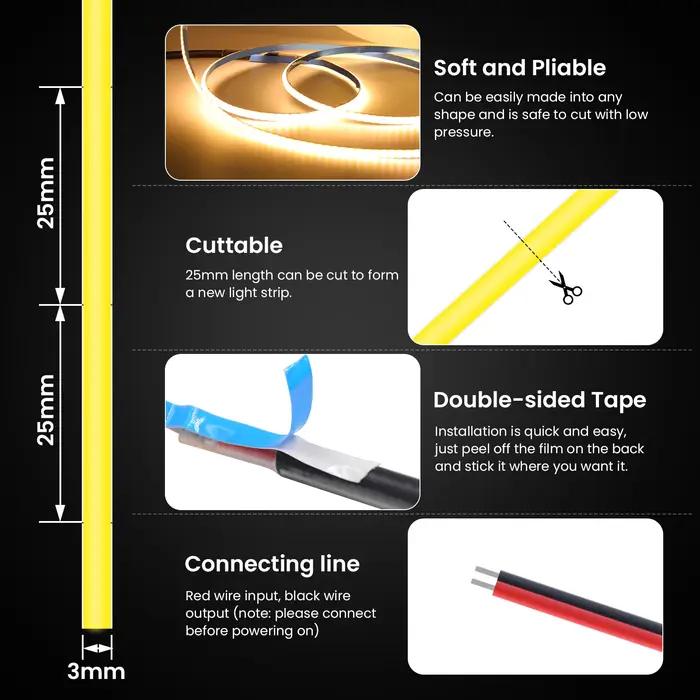 Bande lumineuse LED COB 5V, 320 diodes/m, bande Flexible haute densité, 3mm 5mm 8mm de largeur, ruba