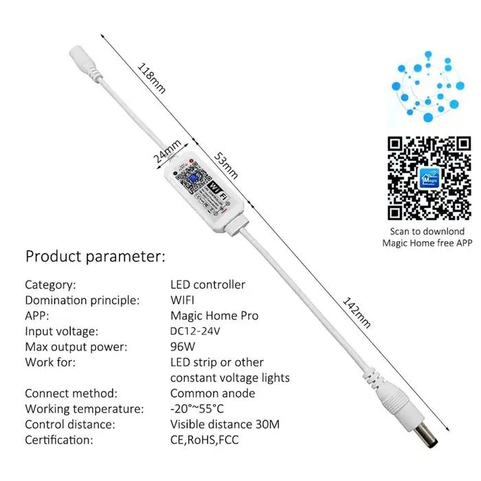 Contrôleur LED de bande de lumière WiFi Magic Home 12V 24V avec contrôle par application et voix pour les lumières monoc