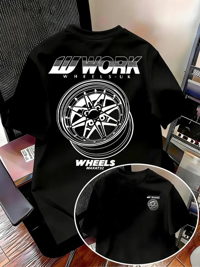 T-shirt pour homme avec imprimé motif roue de travail, T-shirt à manches courtes, décontracté, culture automobile JDM, style été, vêtements pour homme