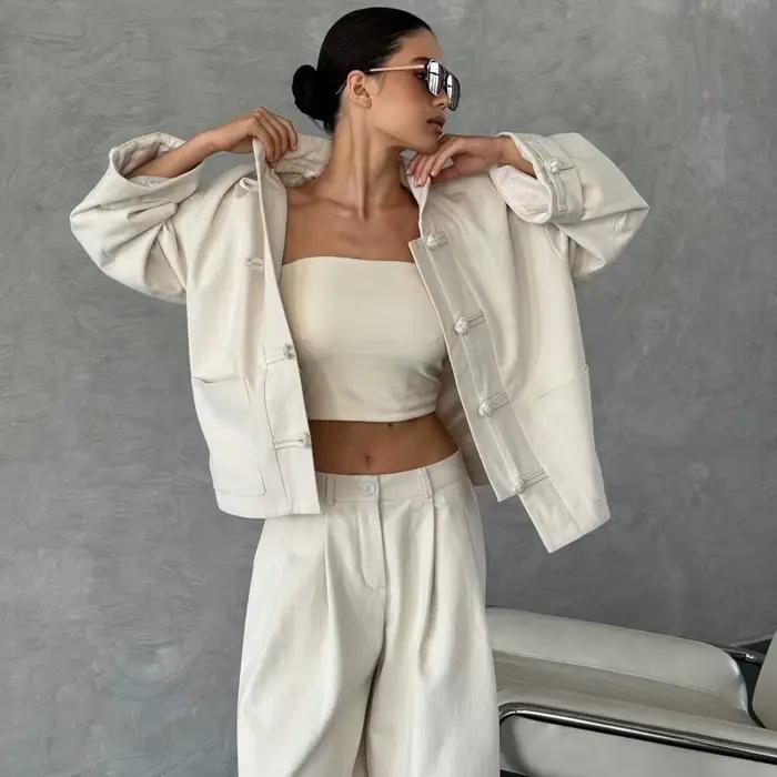 VTKW 2026 Nouvel ensemble veste et pantalon pour femme style chinois, col mandarin, boutons grenouil