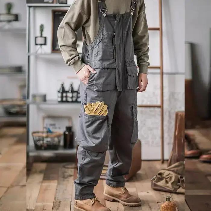 Salopette américaine rétro en coton lavage facile pantalon ample à bretelles quatre saisons