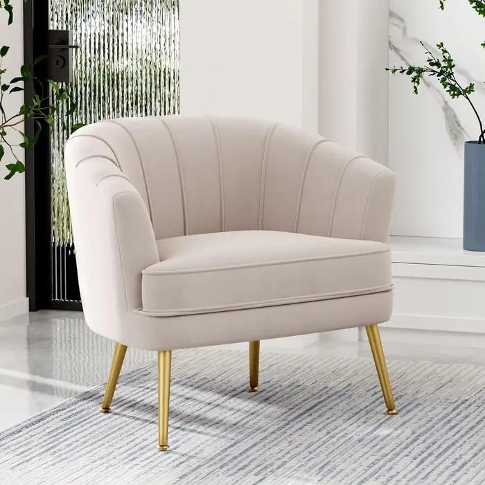 Fauteuil d'appoint rembourré en velours, confortable, avec pieds en métal doré pour salon, chambre,