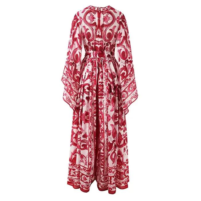 Robe de vacances à imprimé de porcelaine rouge bleu et blanc pour femmes, robe longue d'été, robe bo