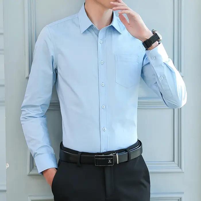 Chemise habillée décontractée bleue à manches longues pour homme, de haute qualité, printemps-été, p