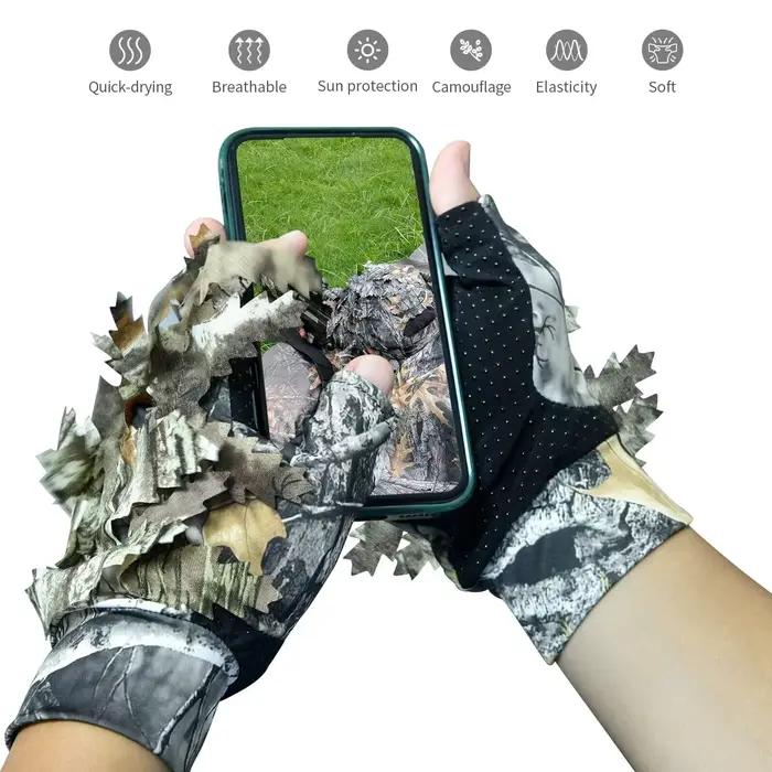 Gants chasse camouflage 3D feuillage léger anti-dérapage doigts nus pêche sports outdoor