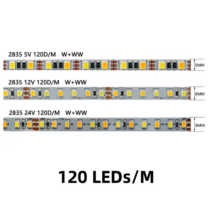2835 bande lumineuse LED double couleur DC 5V 12V 24V 120 180 240 336 LED/M 5MM 8MM 12MM de large PCB Flexible CRI varia