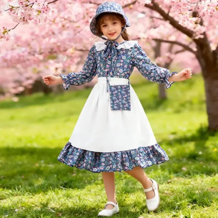 Costume de fête de carnaval pour filles, robe de princesse à fleurs pour enfants, robe pionnière des