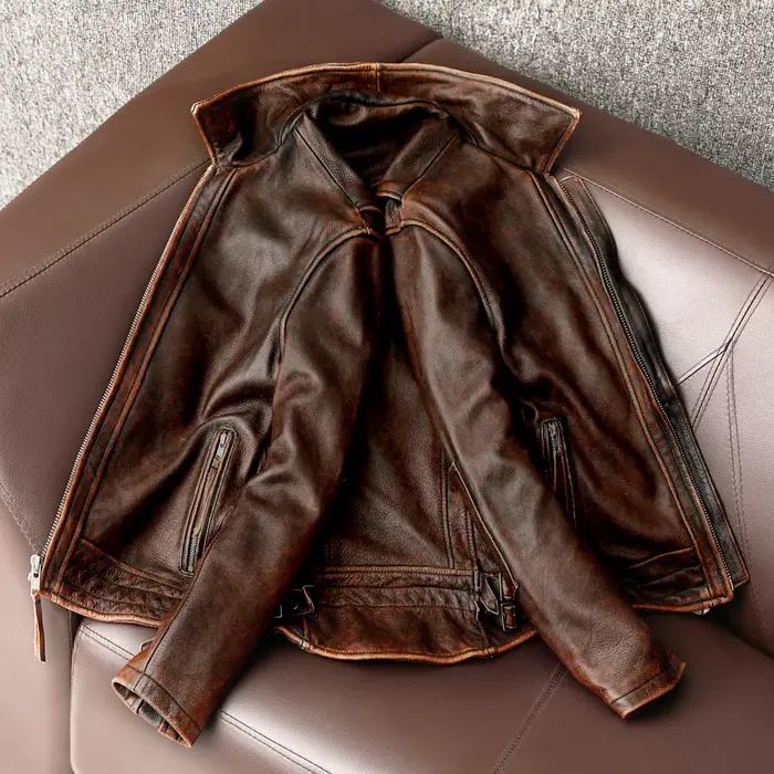 Veste en cuir hirondelle homme vintage pour motard avec col rabattu et détails en fermeture éclair pour l'automne et l'hiver