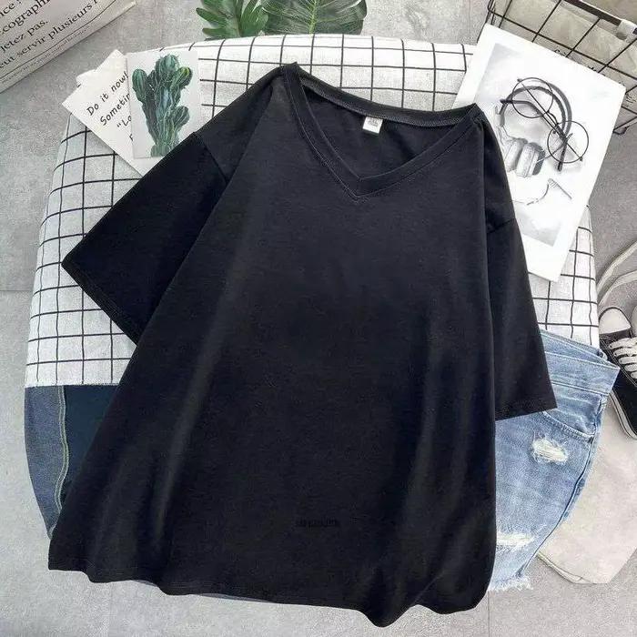 T-shirt manches courtes col V femme, estival et décontracté, en coton, noir, grande taille 6XL 150kg