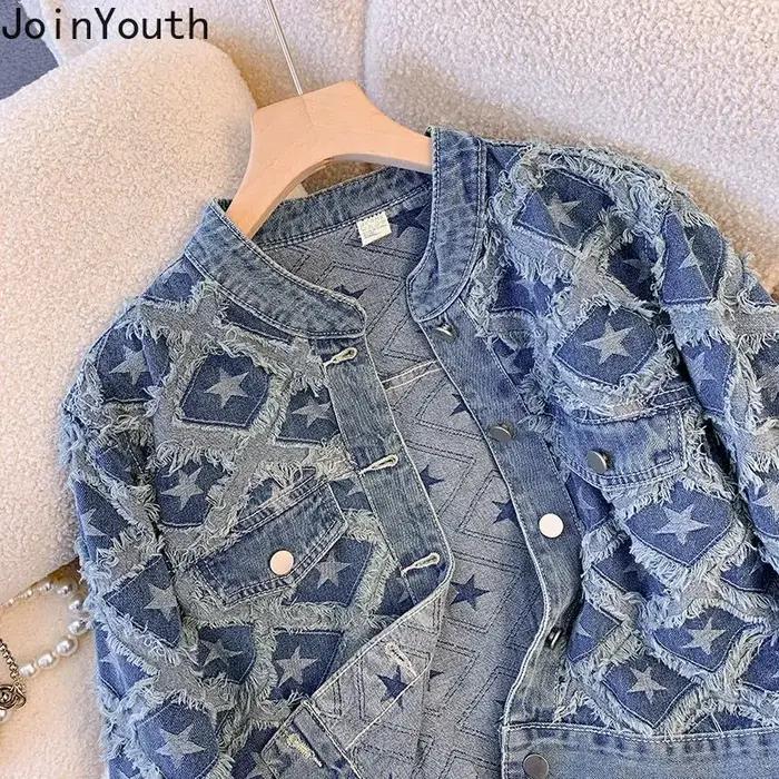 Veste en jean pour femmes, style décontracté, vintage et streetwear, vêtement d'extérieur pour toutes les saisons, col rond, polyester et coton, boutonnière simple, ajustement parfait