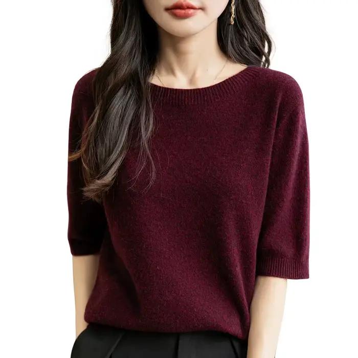 Hauts pour femmes, vêtements 100% laine mérinos, printemps automne hiver, première ligne, prêt à porter, tricoté sans couture, col rond, pull à manches courtes