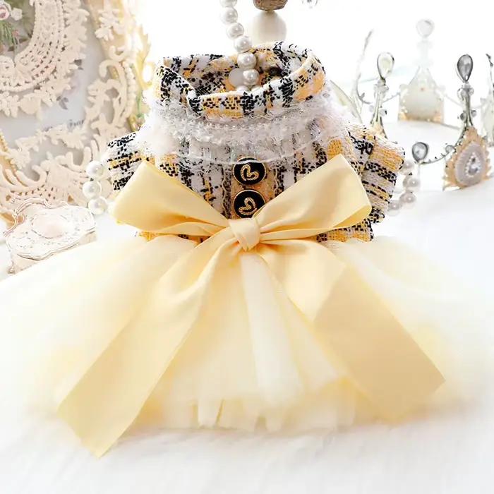 Robe princesse en coton et élasthanne pour chiens et chats, jaune, style automne-hiver, tenue de princesse élégante pour animaux de compagnie