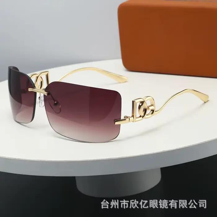 Lunettes de soleil carrées sans monture pour femmes et hommes, branches en métal doré, protection UV