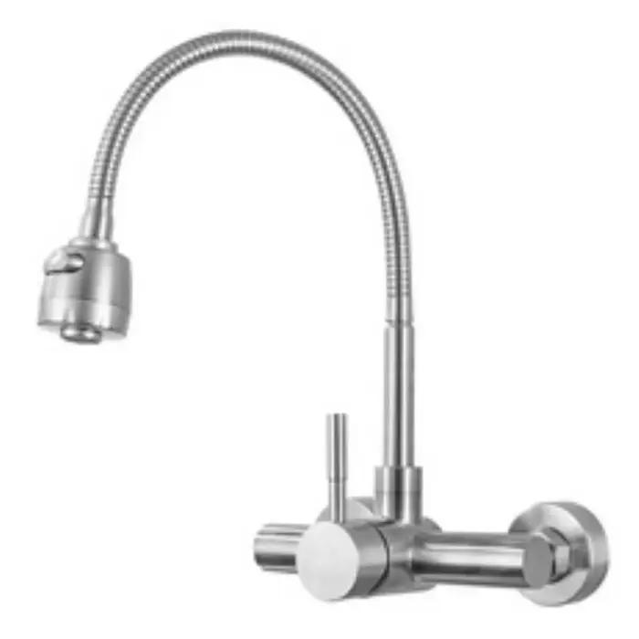 Robinet cuisine mural chromé 2 trous avec flexible 360° - Mitigeur eau chaude froide sans plomb à jet variable