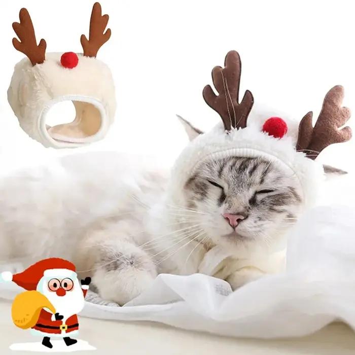 Costume de Noël pour chat chapeau de Père Noël élan avec bandana ensemble écharpe accessoires pour chat fournitures de déguisement de vacances pour animaux de compagnie
