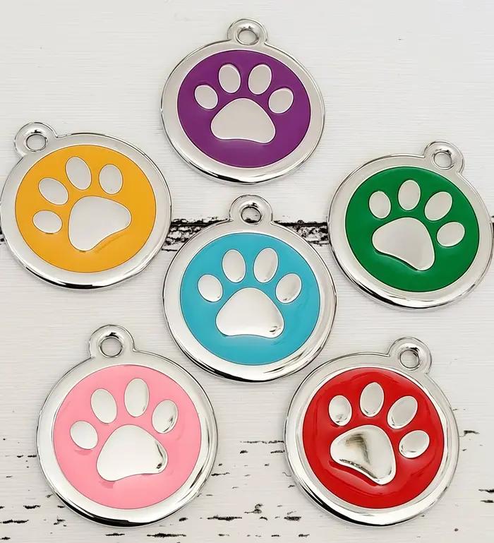 Alliage d'argent de qualité gravé au laser avec étiquette d'identification de chien ou de chat de patte colorée GLITTER