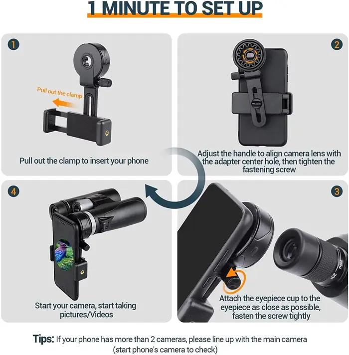 Support smartphone universel amélioré pour jumelles et télescopes - Adaptateur clip souple en caoutchouc