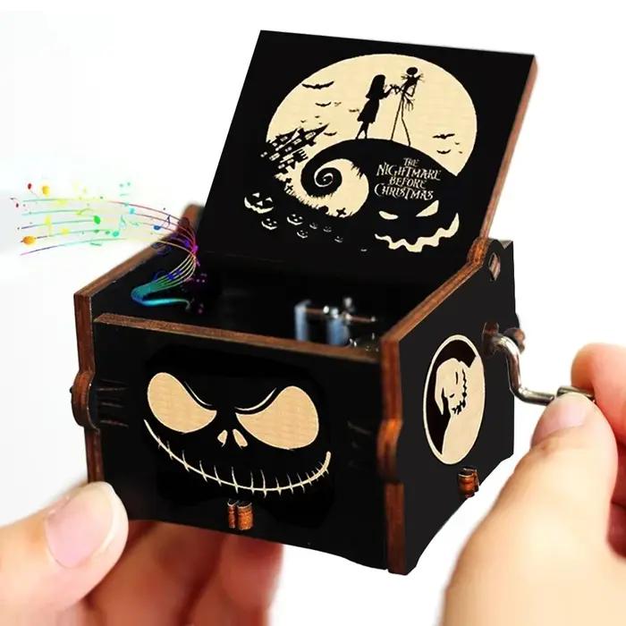 Antique boîte à musique en bois sculpté manivelle pour Halloween et Noël décoration festive cadeau occasion spéciale