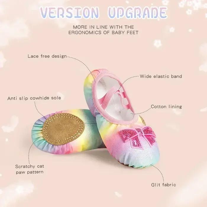 Chaussures de danse pour enfants filles ballerines chaussures arc-en-ciel nœud paillettes en cuir à