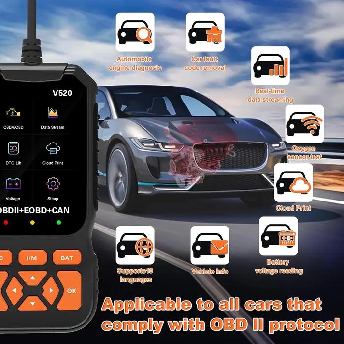 Outil diagnostic auto OBD2 V520 2025 - Lecteur codes défaut 8 langues - Réinitialisation moteur temps réel