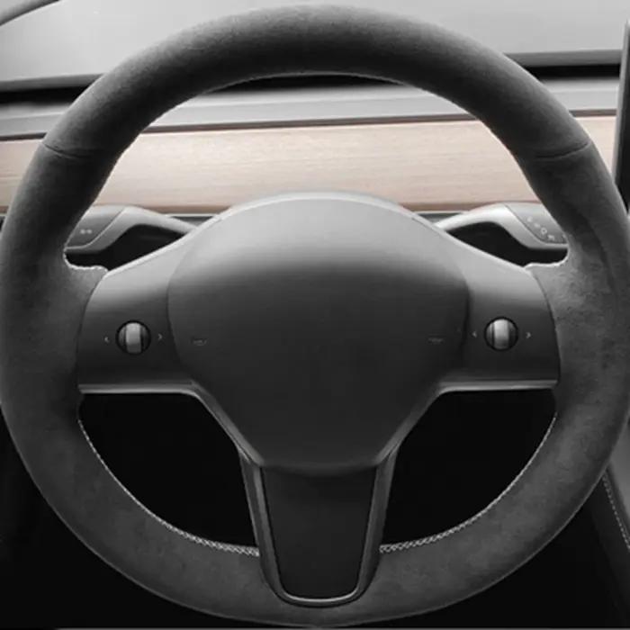 Housse de volant de voiture antidérapante, bricolage, cuir véritable, daim, tresse en cuir pour Tesl