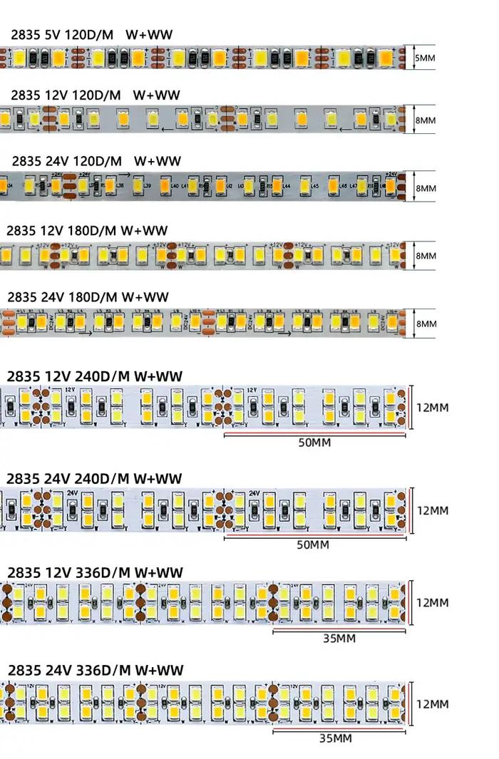 2835 bande lumineuse LED double couleur DC 5V 12V 24V 120 180 240 336 LED/M 5MM 8MM 12MM de large PC