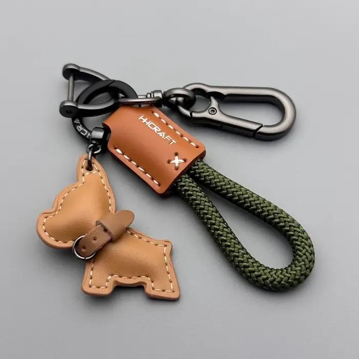 Porte-clés bouledogue français-cuir véritable fait à la main et corde tressée