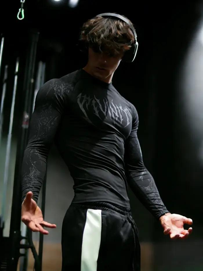 T-shirt à manches longues pour homme, séchage rapide, haute élasticité, coupe ajustée, style gothiqu