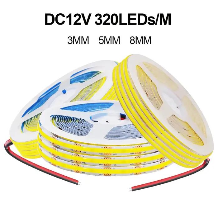 Bande lumineuse LED COB 3MM 5MM 8MM, 5V 12V, 320 diodes/M, 3000K 4000K 6000K, ruban Flexible haute d