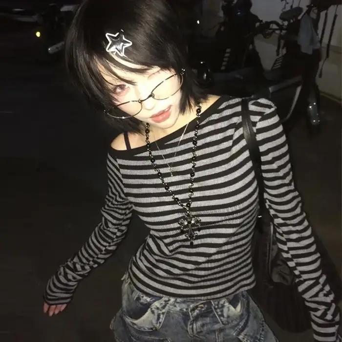 T-shirt femme Genayooa Y2K style asymétrique rayé coton polyester élasthanne automne hiver ocassions spéciales