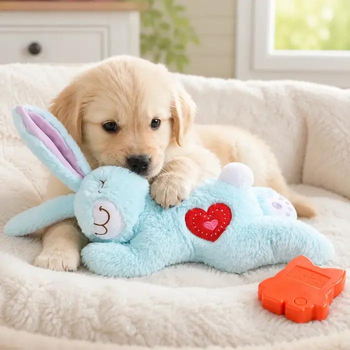 Jouet sonore de battement de cœur de chien pour soulager l'anxiété des chiots, jouet apaisant en peluche lapin, oreiller doux et confortable pour l'entraînement en cage des chiots de petite taille.