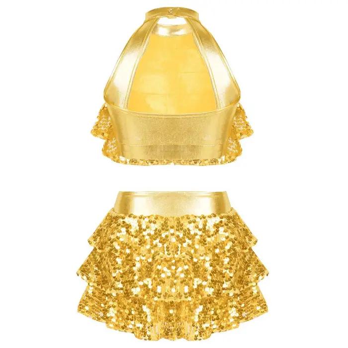 Haut court à plusieurs niveaux avec jupe pour enfants, paillettes brillantes pour filles, ensemble d