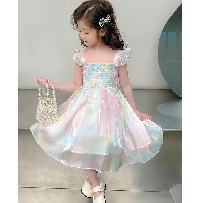 Robe princesse d'été pour filles de 1 à 8 ans, jolie robe en maille dégradée arc-en-ciel avec décora