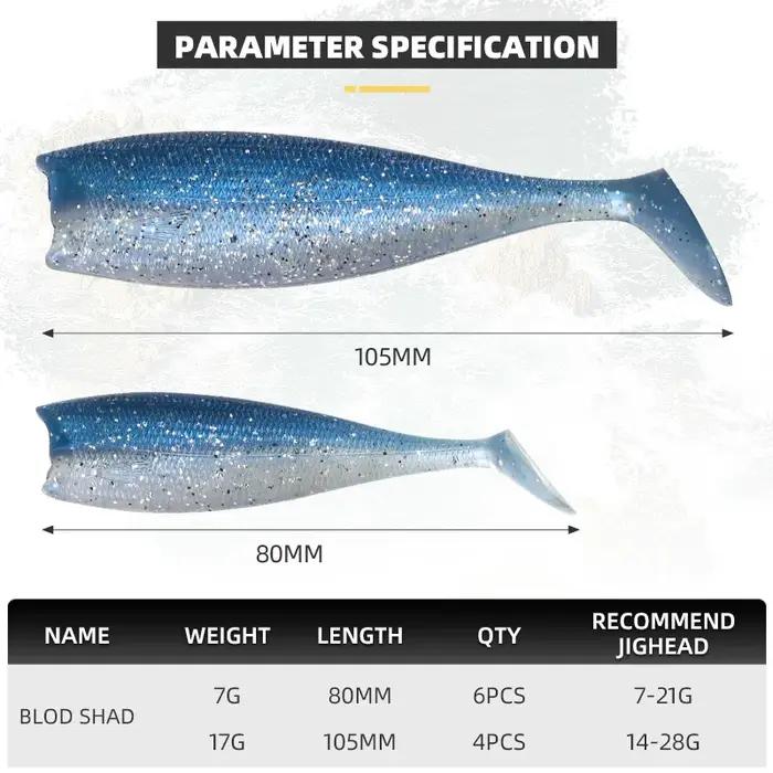 BLUX bld SHAD 80mm 105mm leurre de pêche souple, queue noire, appât artificiel en Silicone, eau salé