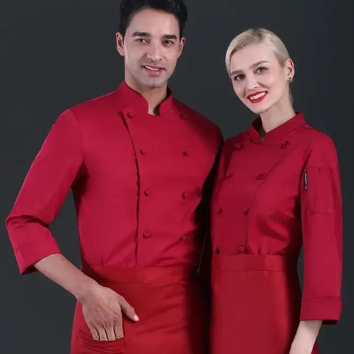 Costume de chef blanc pur, veste de cuisinier, chemise de chef masculin haut de gamme, uniforme de restaurant à manches longues, vêtements de travail de barbier, salopette