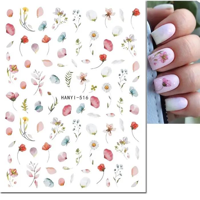 Autocollants 3D pour Nail Art fleurs aquarelle violettes vertes roses feuilles fruits décoration ongles manucure occasionnelle professionnelle