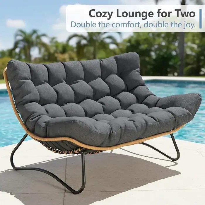 Fauteuil Papasan d'extérieur, fauteuil œuf en osier surdimensionné double avec coussin, salon de jar