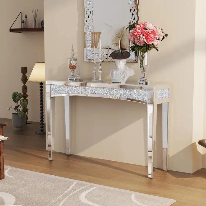 Table console miroir argentée avec incrustation de cristal pour salon, bureau, canapé et entrée, moderne et chic, élégante et pratique