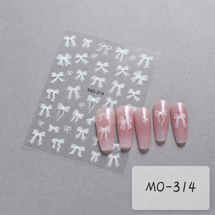 Autocollants pour ongles à nœud papillon, ruban blanc en Relief 3D, mignon, rose doux, autocollants