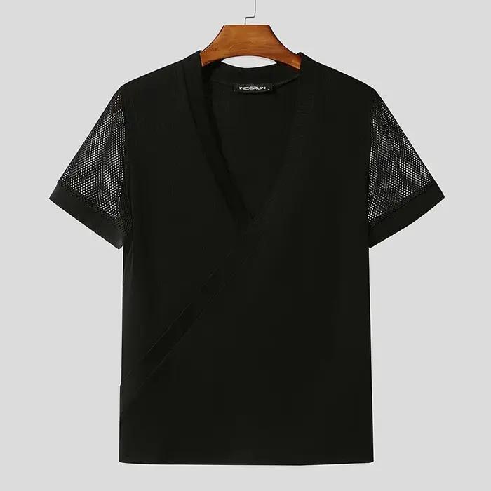 INCERUN hommes t-shirt maille Patchwork col en V à manches courtes