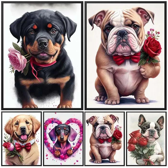 Chien avec fleurs de roses
