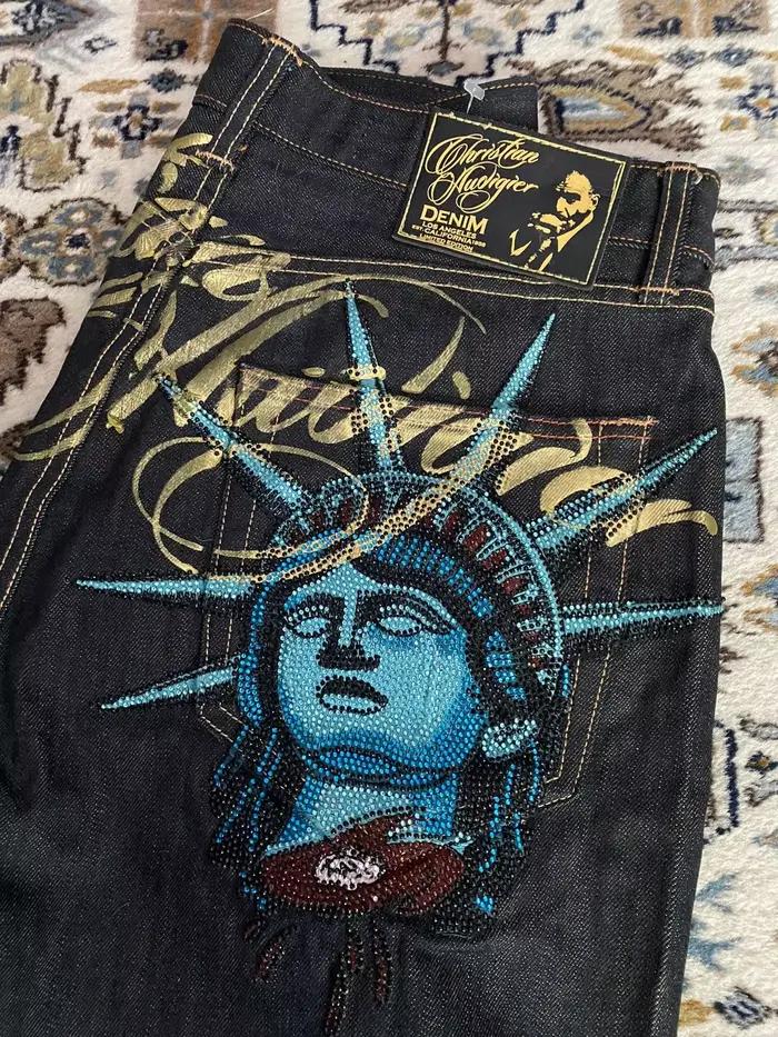 Jeans Harajuku Y2K en denim avec décoration de la Statue de la Liberté pour femmes, style américain, jambes larges, coupe droite, disponible en plusieurs tailles et couleurs, parfait pour les occasions spéciales et tous les jours