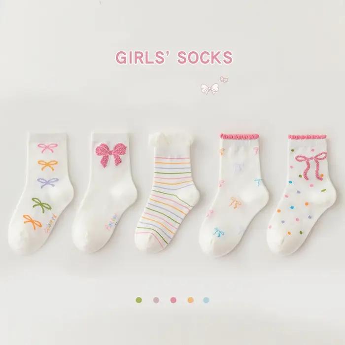 5 paires de chaussettes mi-mollet avec nœud papillon pour enfants filles, en coton peigné sélectionn