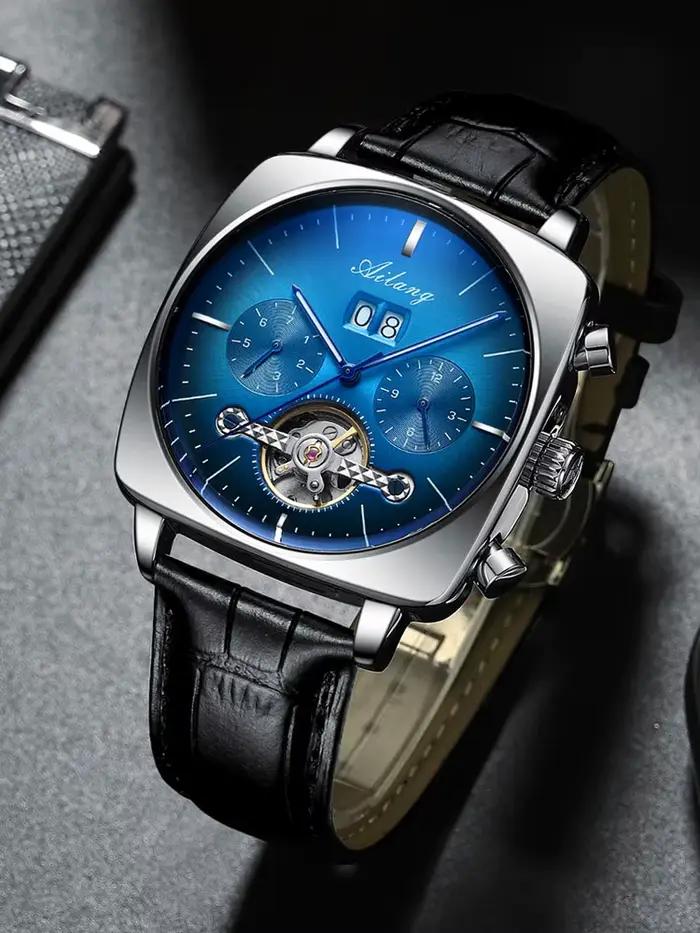 Montre-bracelet carrée suisse, montre-bracelet mécanique multifonction pour homme avec tourbillon, étanche, montre automatique pour homme