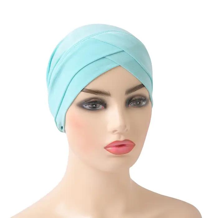 H117 front croisé musulman Turban couleur Pure extensible intérieur Hijabs pour casquettes prêt à porter femmes foulard