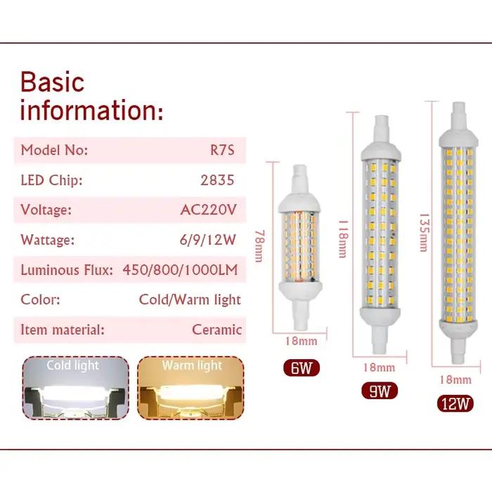 R7S LED 78mm 118mm 135mm ampoule 6w 9w 12w SMD 2835 Lampada lampe à LED 220V-240V maïs lumière écono